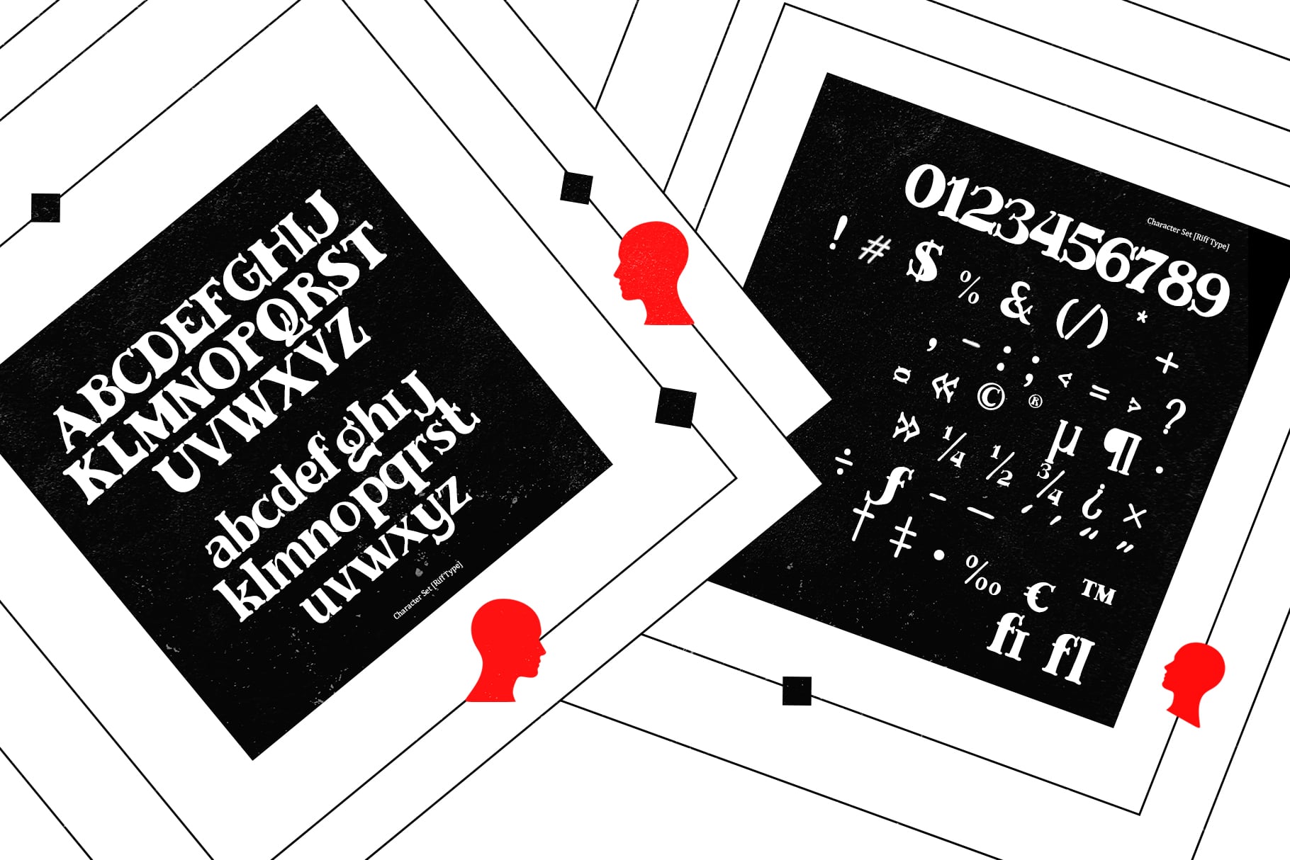 Modern font specimen cards showing uppercase, lowercase, numbers plus symbols with red silhouettes on white background