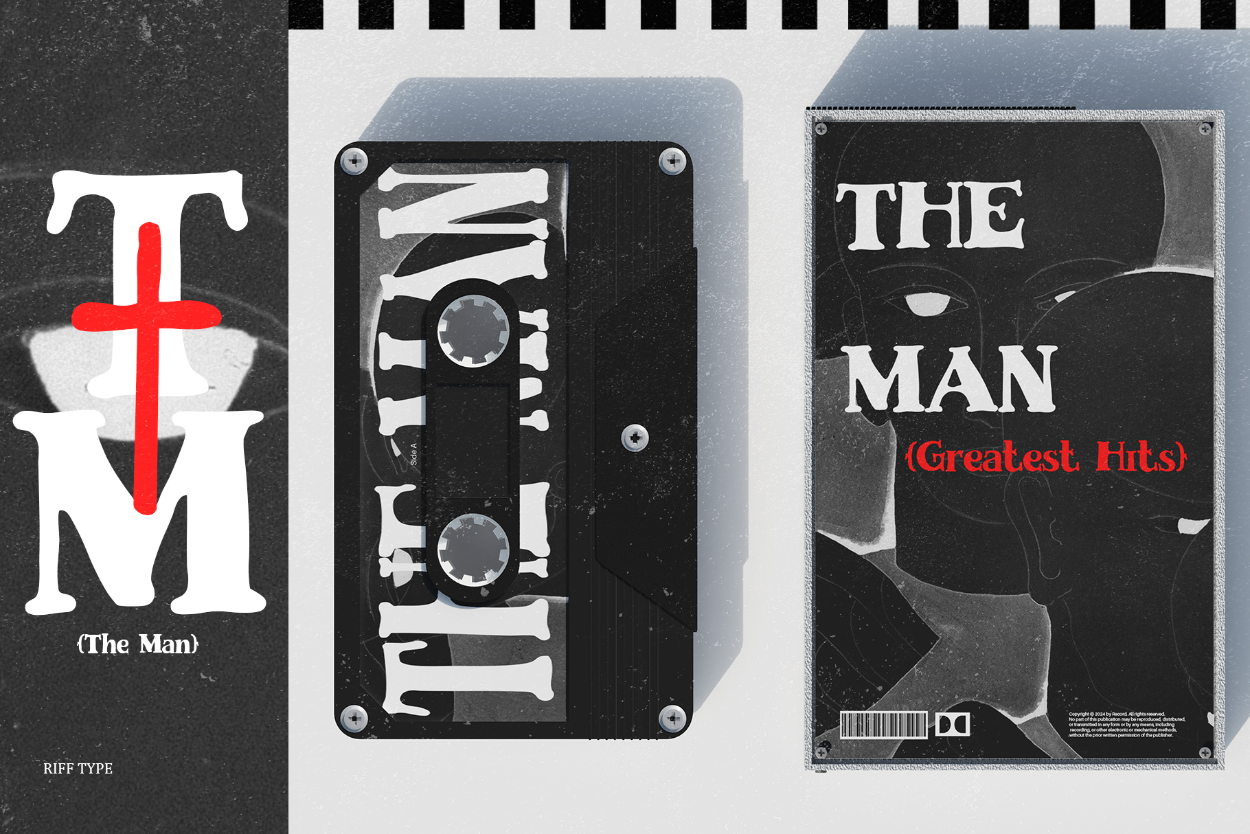 Retro cassette tape mockup with album cover designs showing grungy black metal aesthetic with bold typography