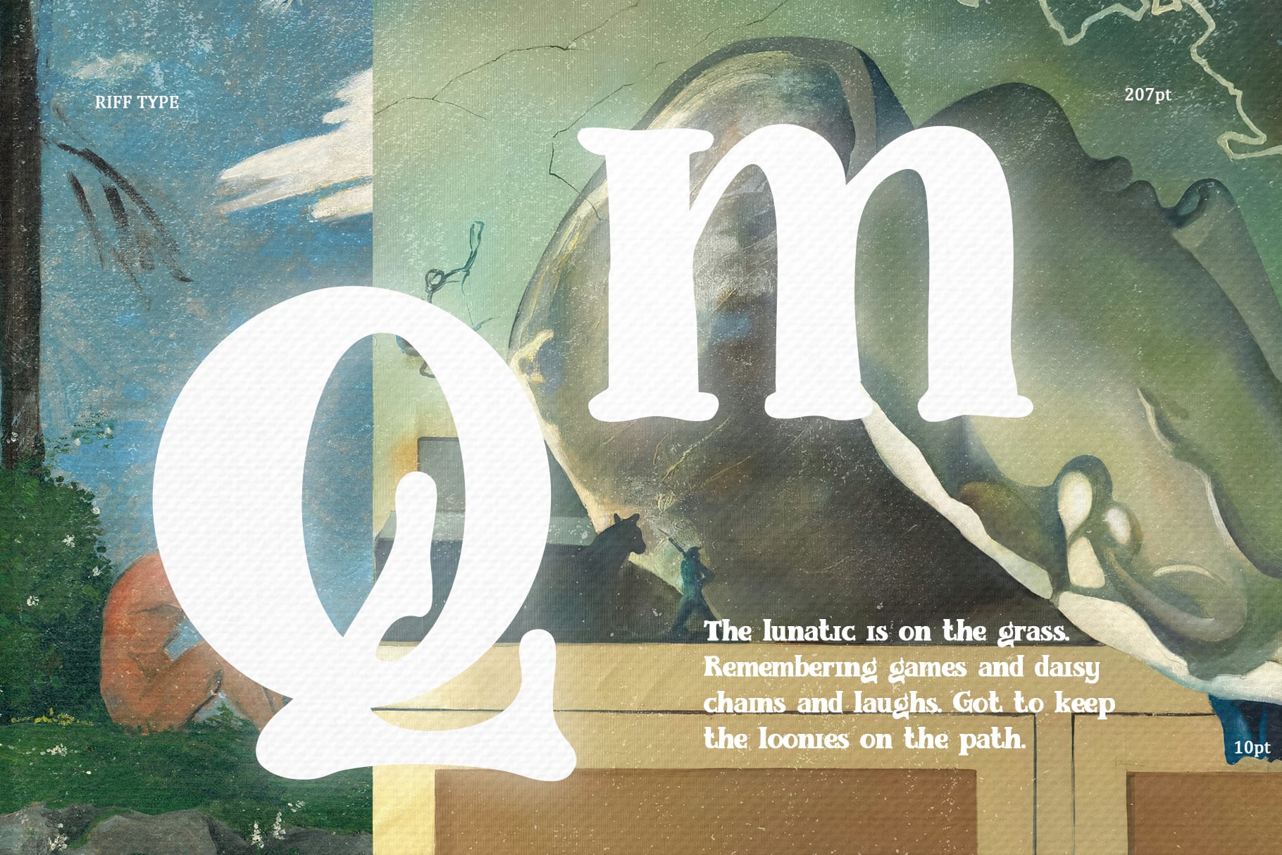 Vintage poster mockup with large serif numbers overlaid on textured landscape painting with nostalgic typography