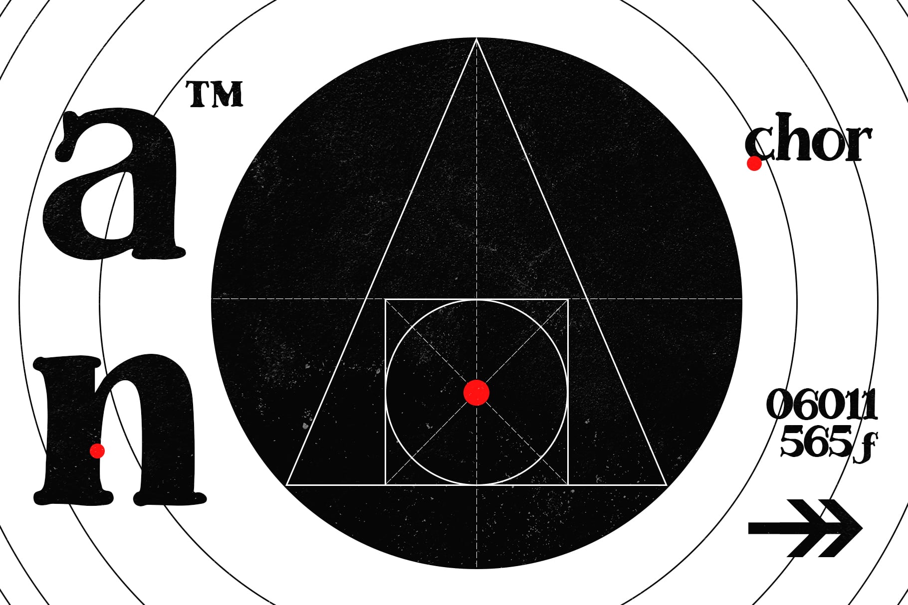 Geometric font specimen sheet showing bold lowercase letters with sacred geometry construction grid, red accent dots, technical guides, typeface details.