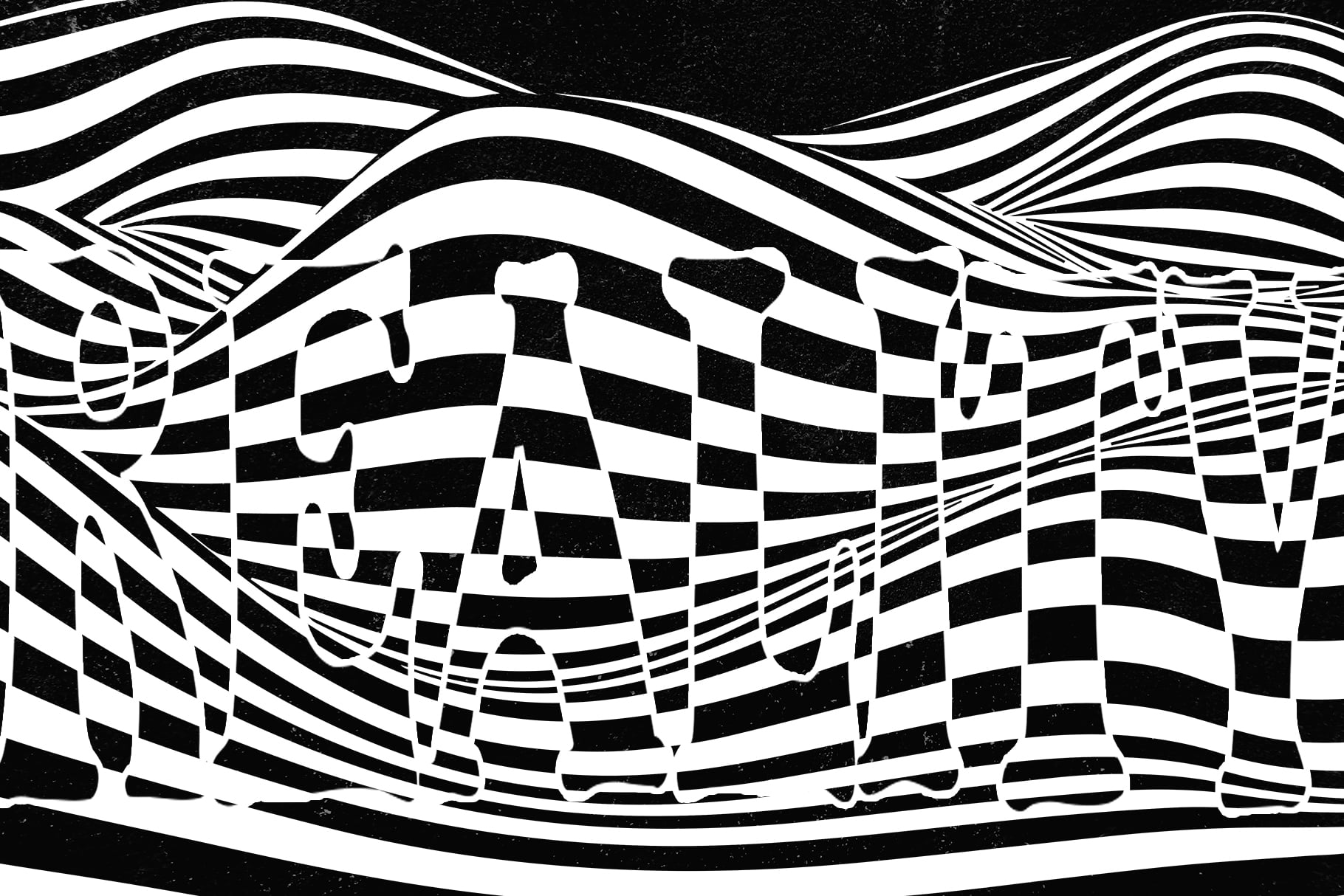 Trippy liquid checker pattern with wavy distortion, black white texture overlay