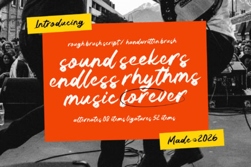 Brush script font with rough handwritten feel, white text on bright orange overlay with yellow accent labels