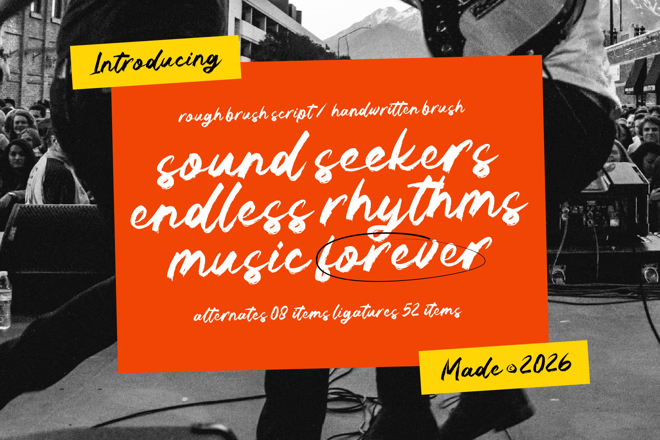 Brush script font with rough handwritten feel, white text on bright orange overlay with yellow accent labels