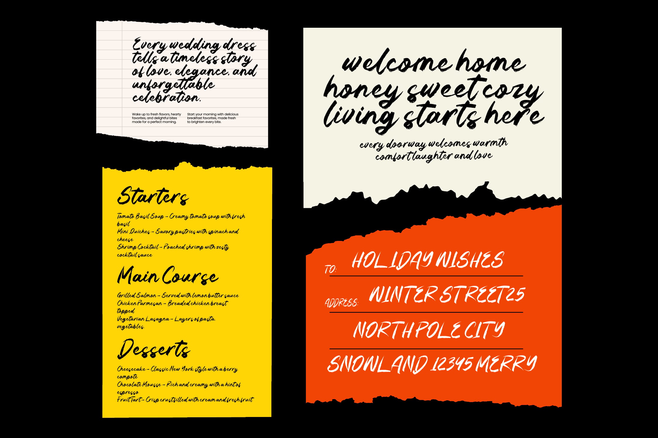Handwritten script mockups with torn paper edges on cream, yellow, plus orange backgrounds