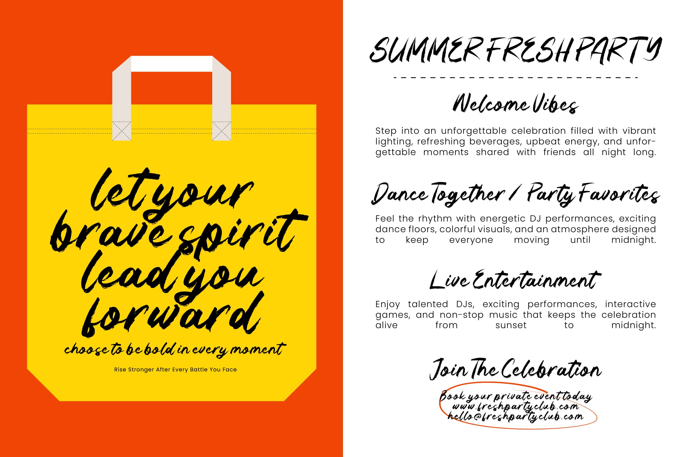 Bright yellow tote bag with bold handwritten text on orange background for summer party event flyer