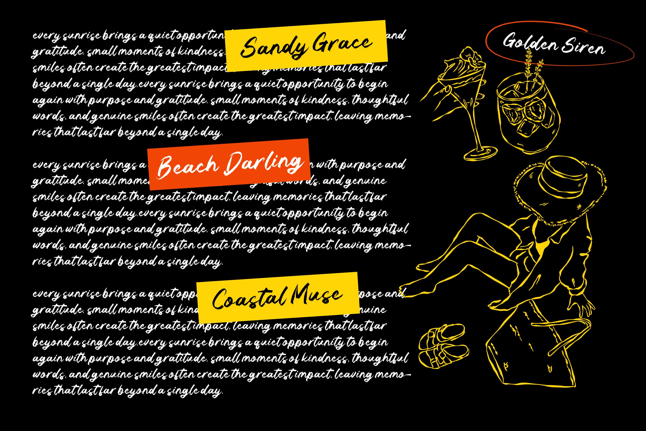 Beach-themed illustration with gold line drawings, colorful text labels, inspirational script typography on black background