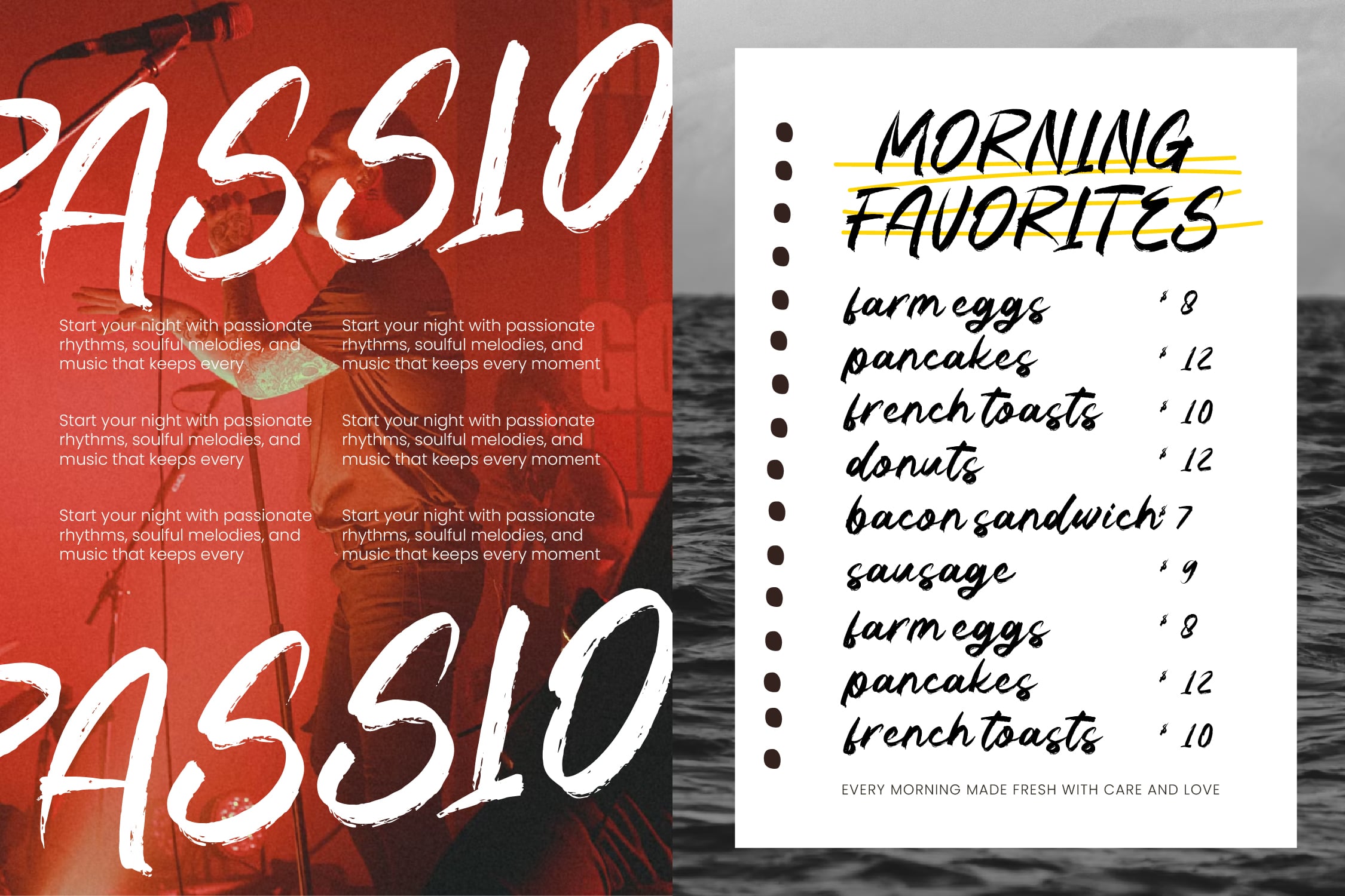Cafe menu mockup with handwritten breakfast items, yellow highlights, bullet points, prices listed