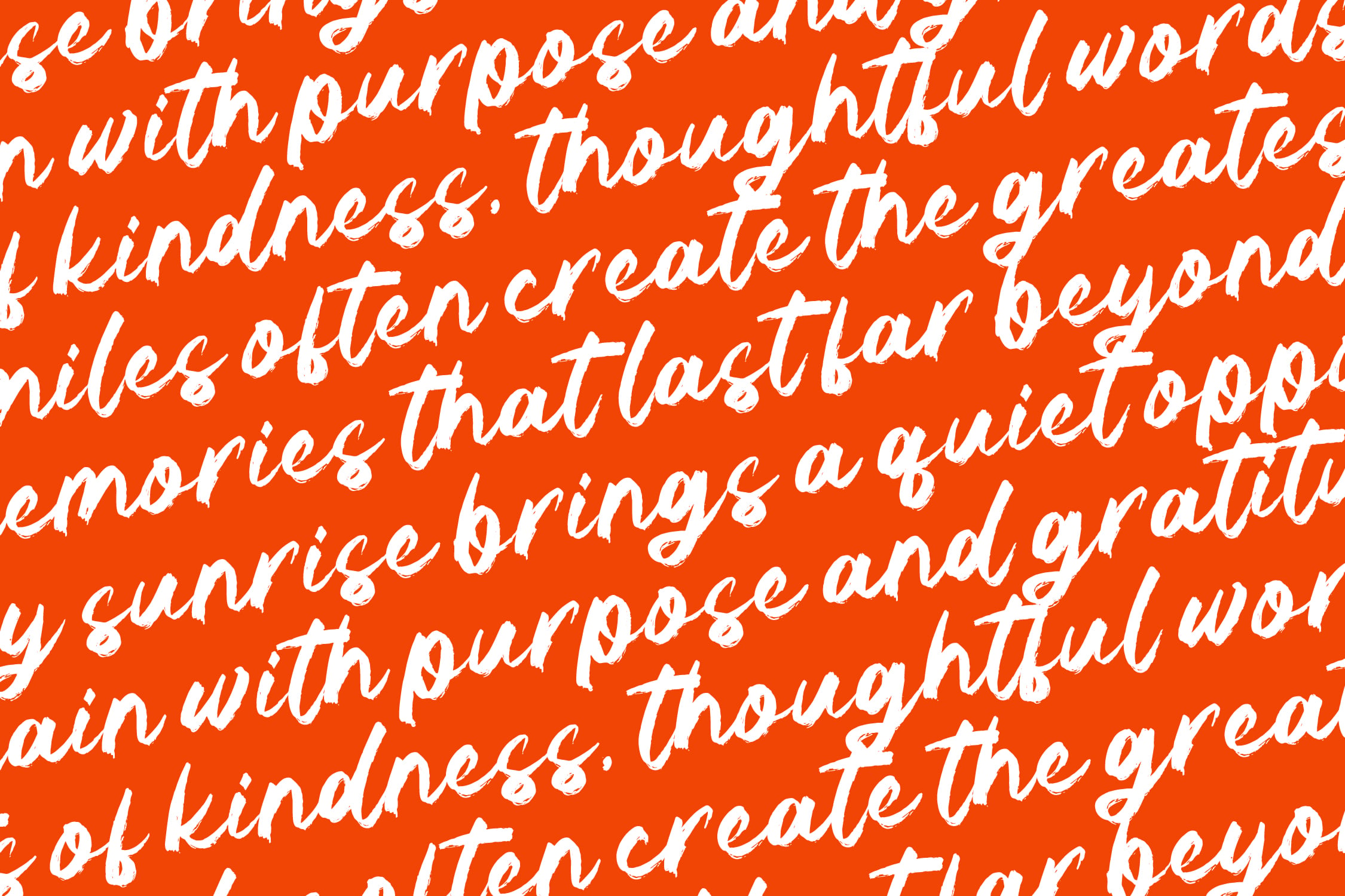 Bright orange background covered in overlapping white italic script text with motivational phrases like kindness, purpose, memories