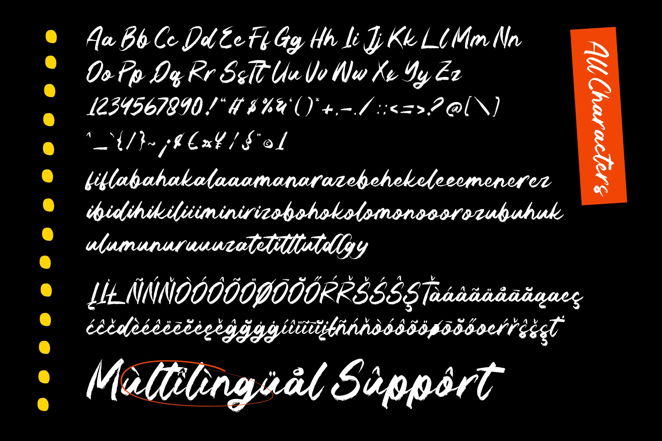 Handwritten script font with multilingual support, full character set, numbers, symbols on black background