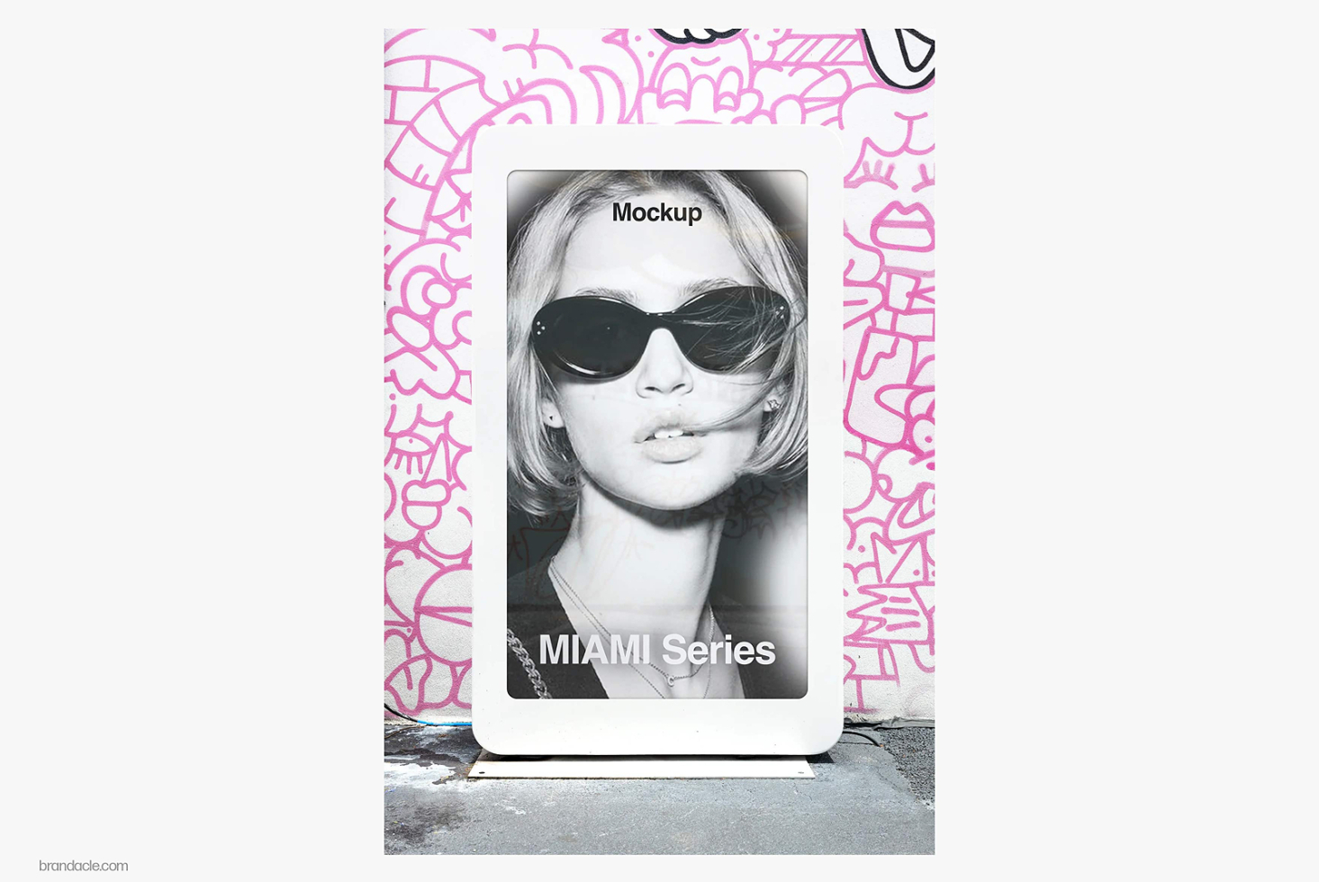 Phone mockup with pink graffiti frame showing black-white portrait of woman in sunglasses