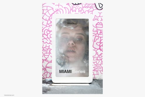 Phone mockup with bright pink graffiti frame showing MIAMI Series on street