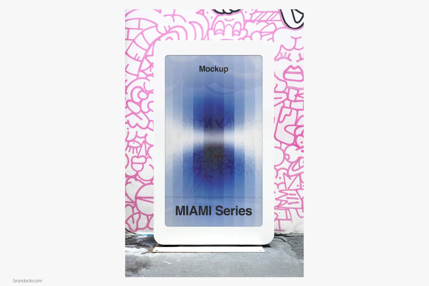 Vertical billboard mockup with bright pink graffiti frame in urban setting showing blue gradient display