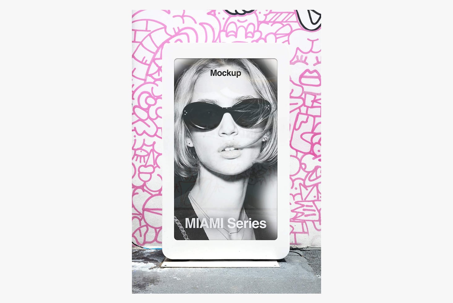 Phone mockup with pink graffiti frame showing black white portrait of woman in sunglasses