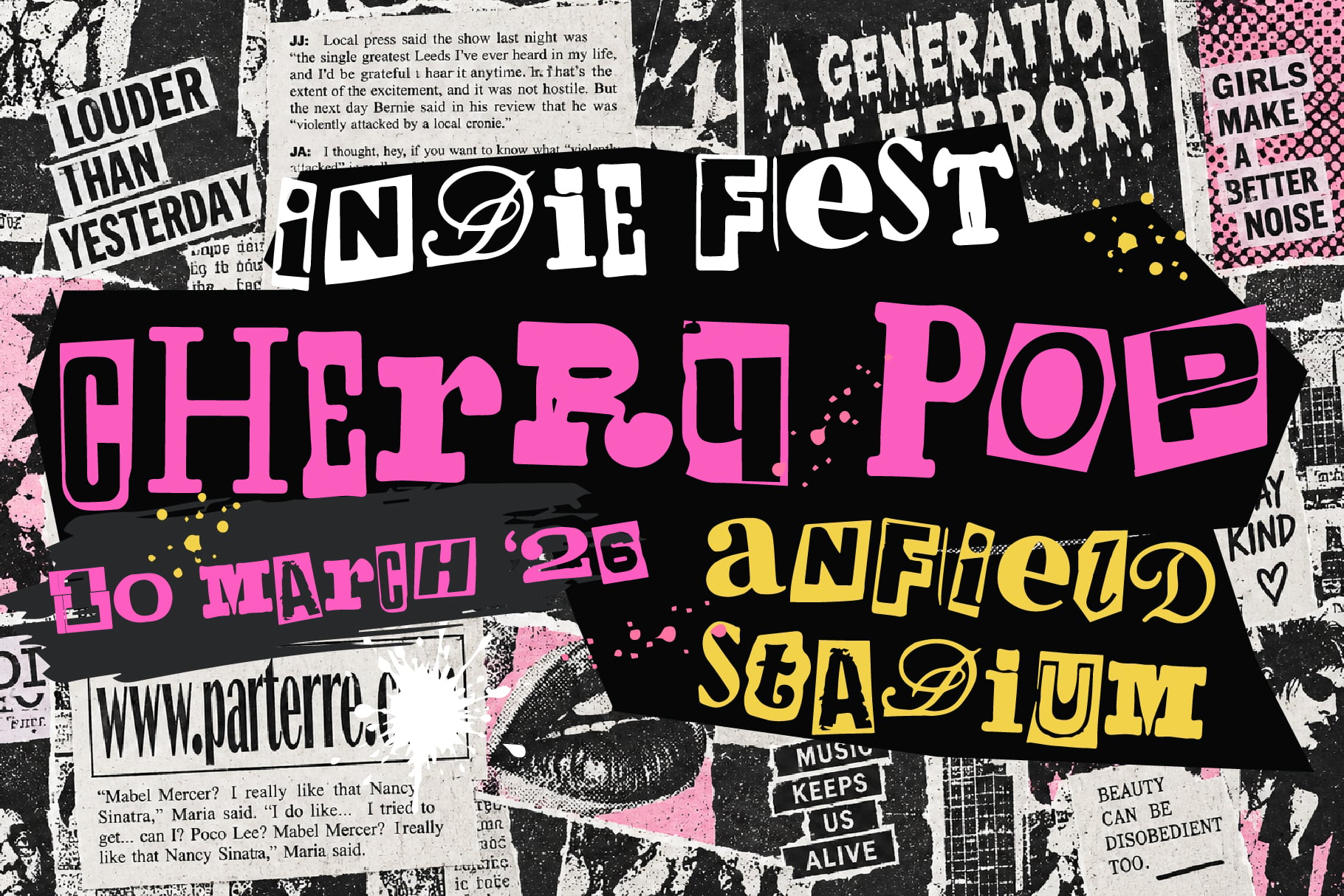 Indie fest poster with neon pink typography, torn newspaper collage, black background with yellow accents
