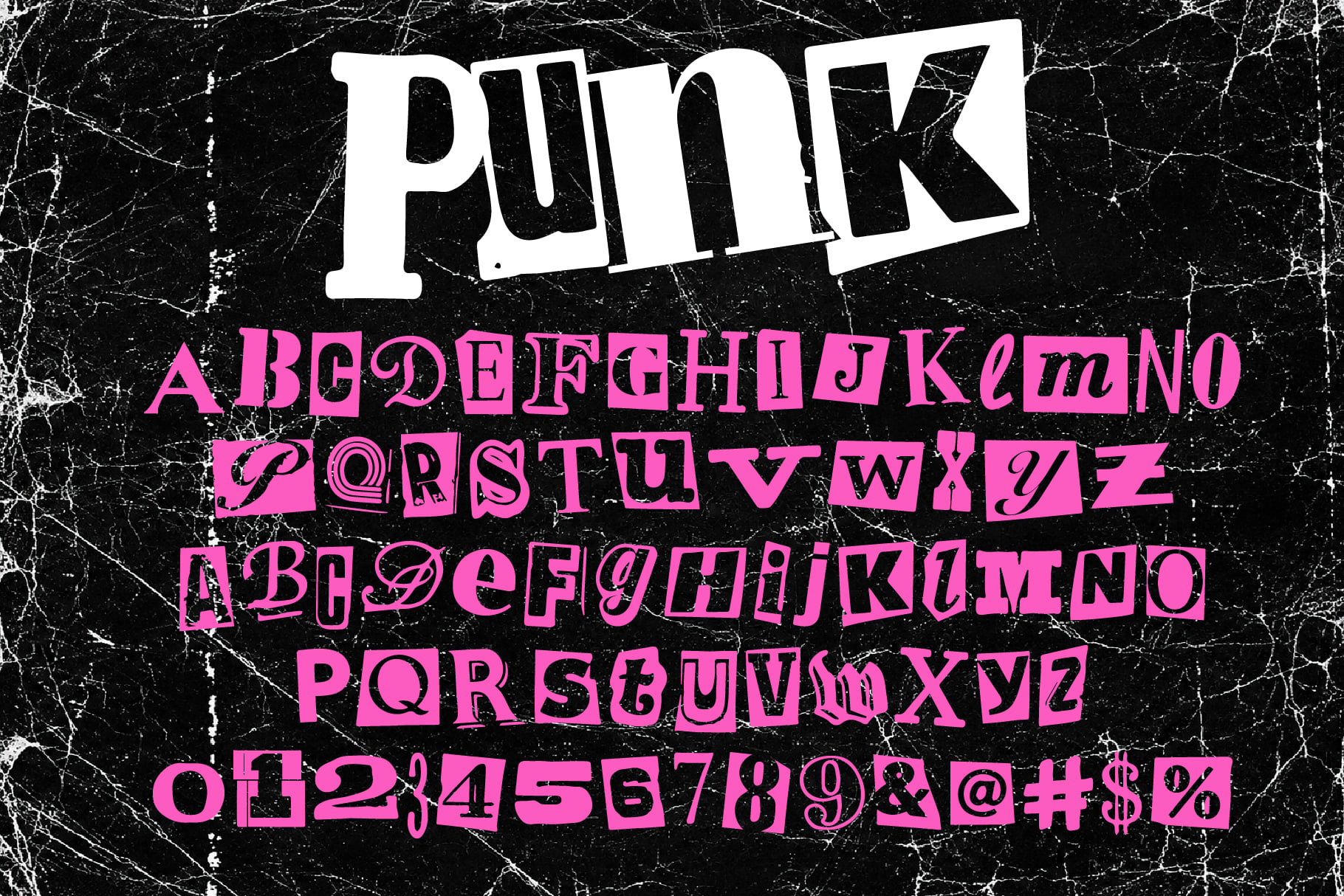 Punk typeface with hot pink letters on distressed black grunge texture background