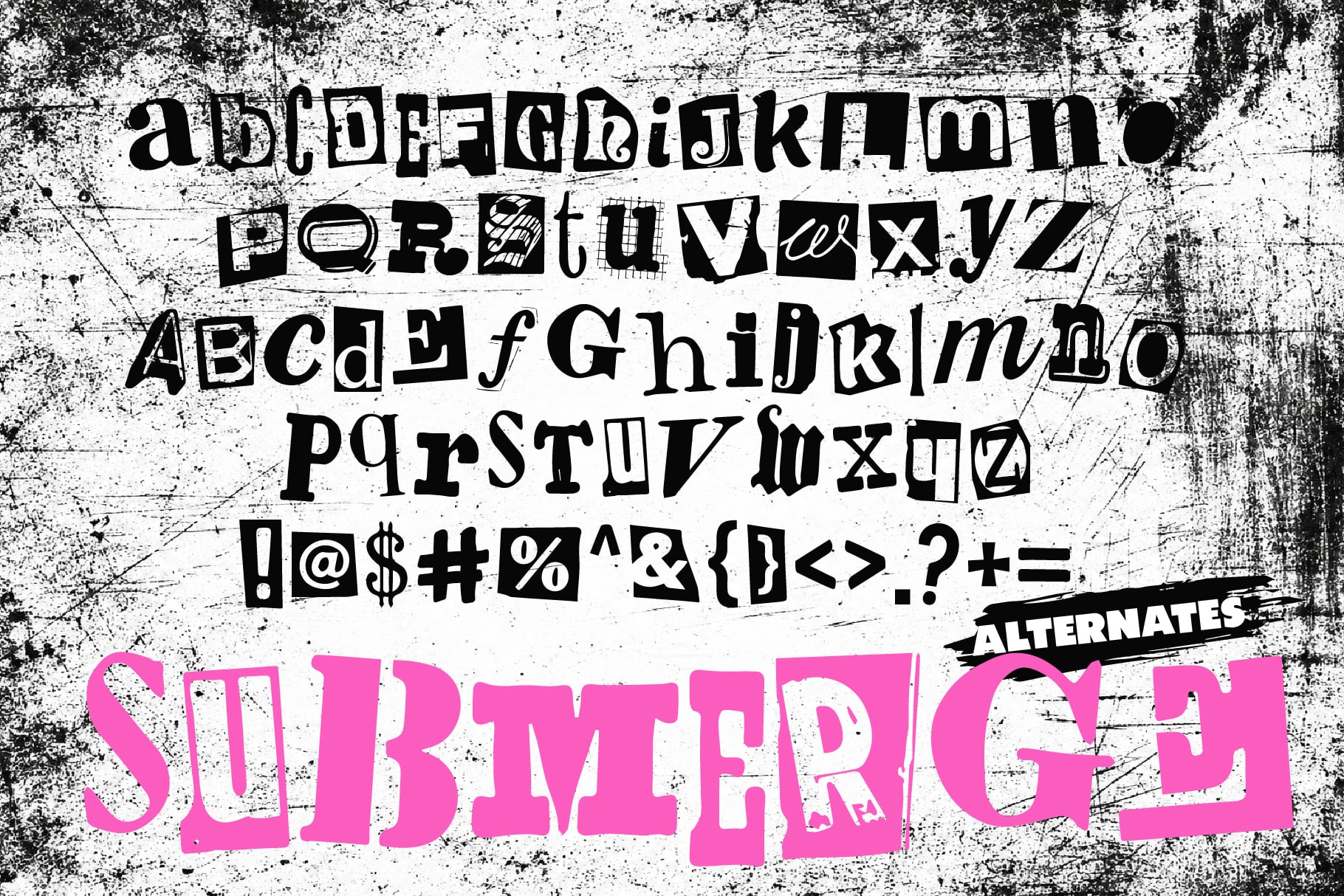 Grunge distressed font with mismatched letters, symbols, textured background, hot pink submerge alternative display typeface