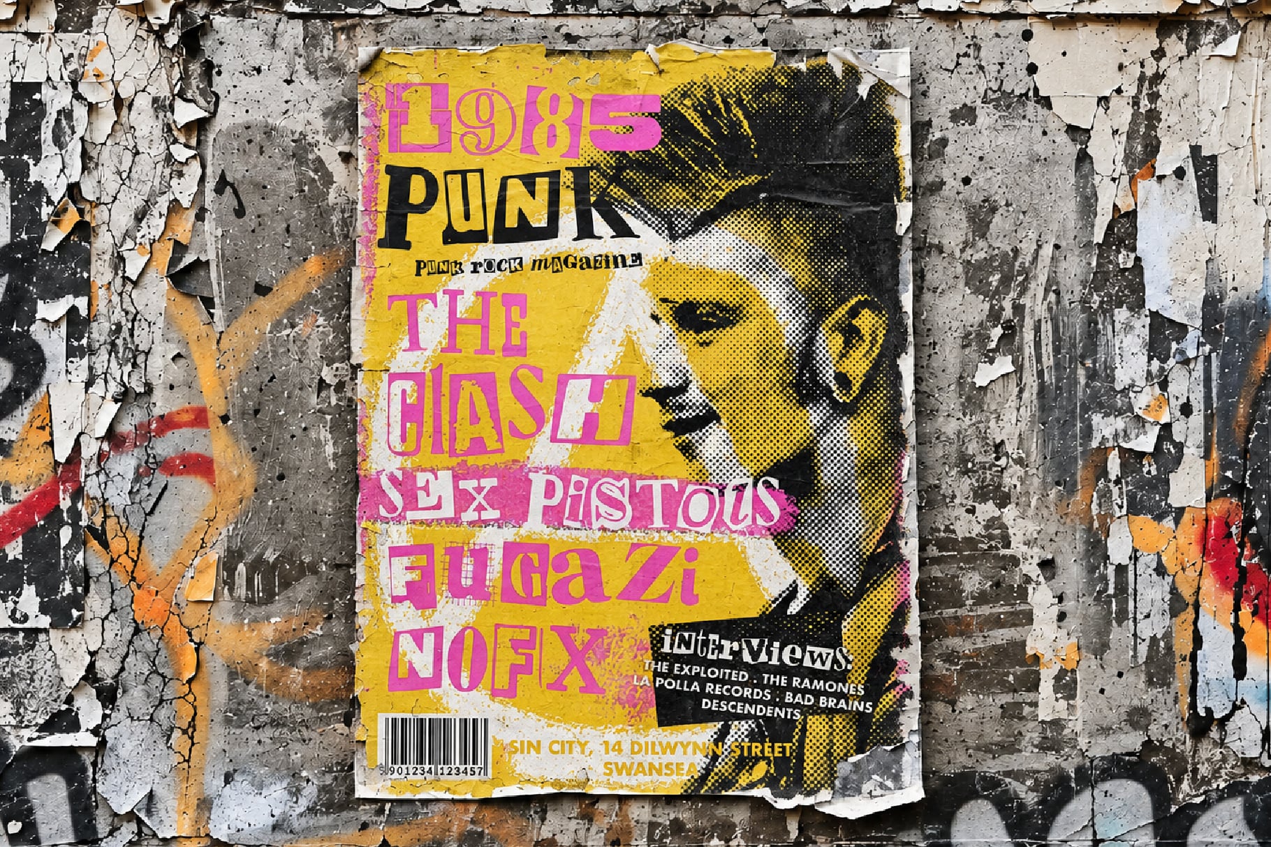 Vintage 1985 punk rock magazine cover with neon pink text on yellow background, featuring The Clash, Sex Pistols, Fugazi typography over distressed wall