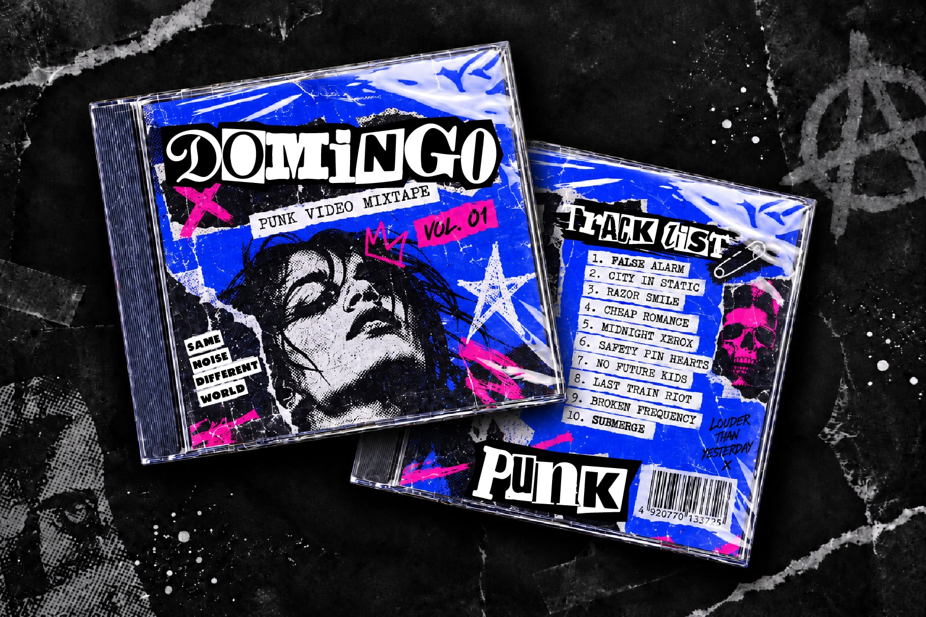 Punk video mixtape CD mockup with blue, pink, black design showing front cover with portrait tracklist on back