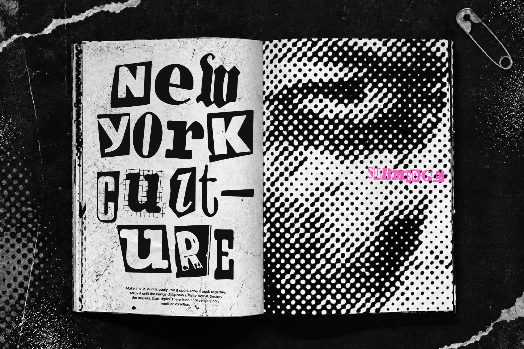 Open magazine spread with bold "New York Culture" typography on left page, halftone dot pattern on right with pink text overlay