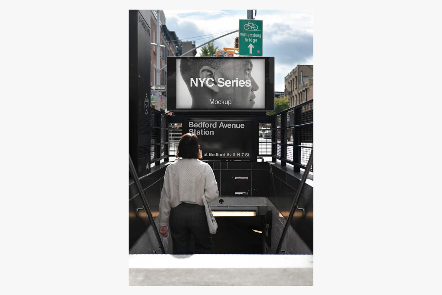 Subway station mockup with digital screen displaying NYC Series branding in Williamsburg