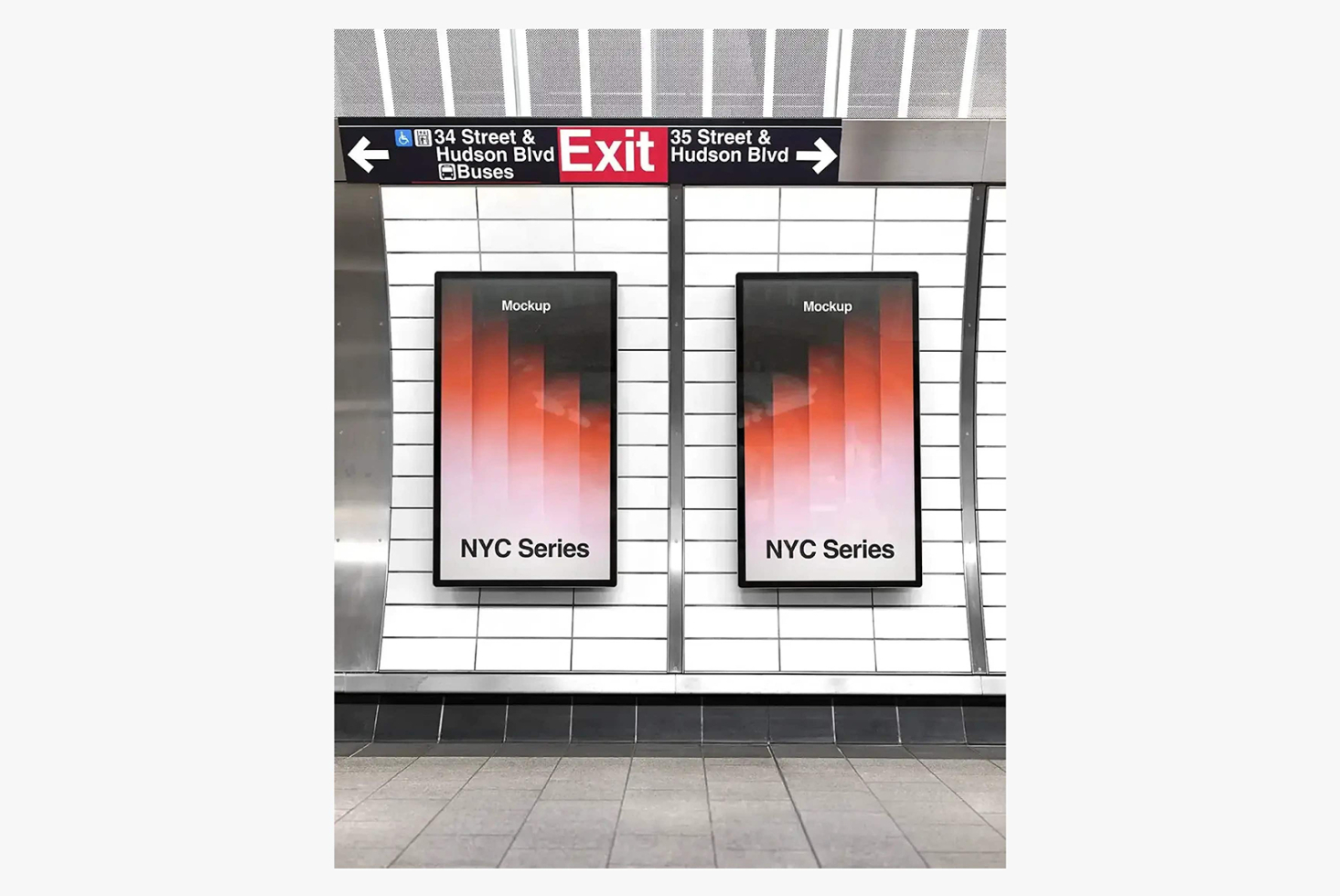 Subway station billboard mockup with two vertical screens showing NYC Series design above white tile wall