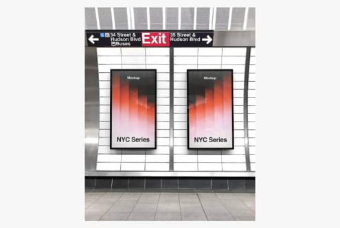 Subway station billboard mockup with two vertical screens showing NYC Series design above white tile wall