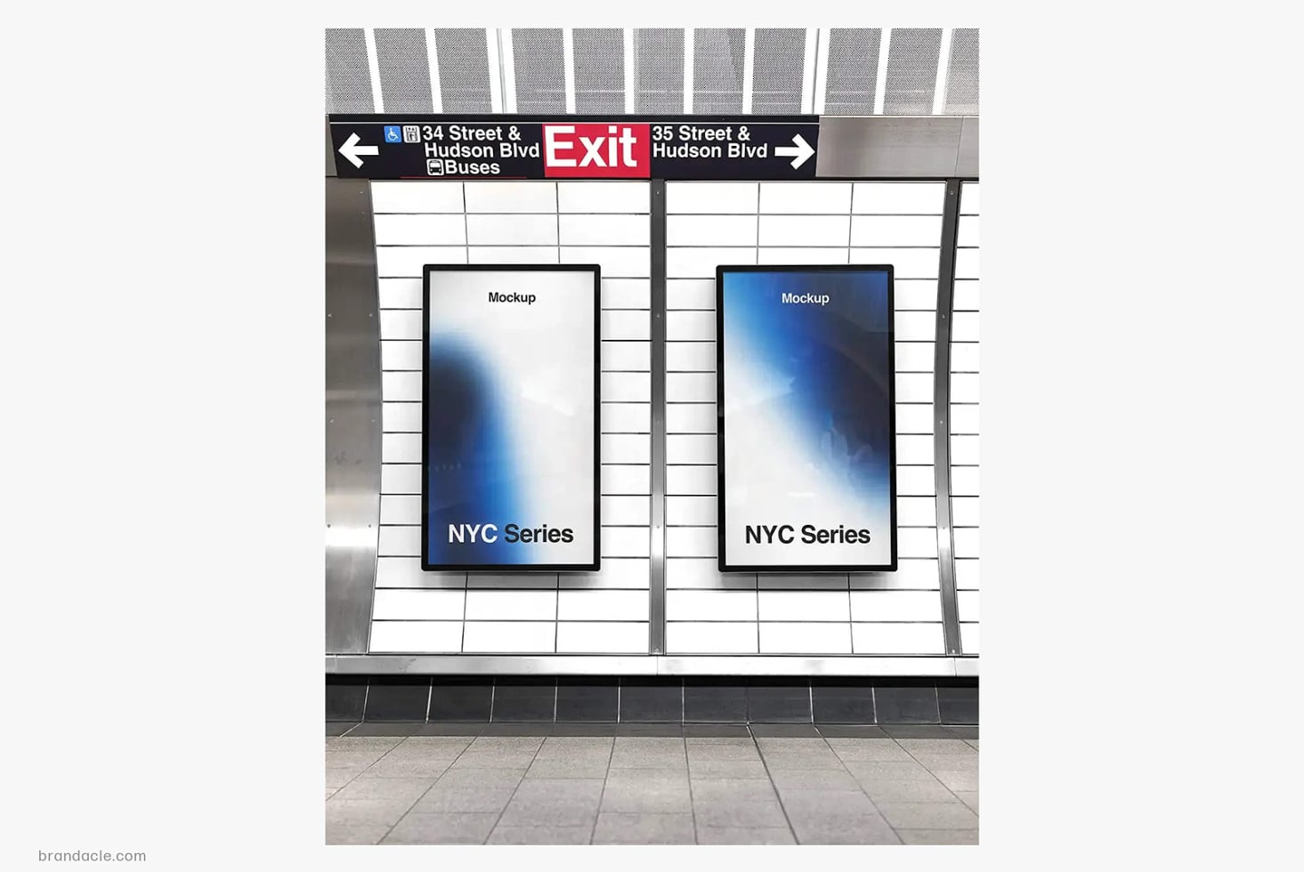 Subway station billboard mockup with two vertical screens showing NYC Series branding against white tile wall