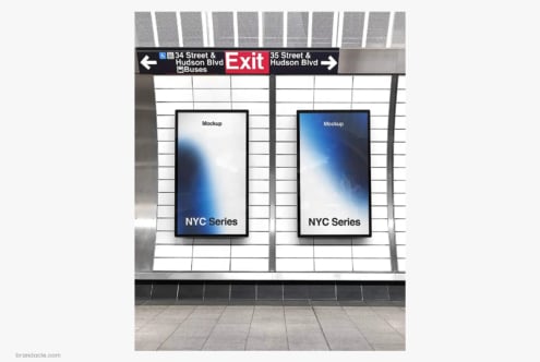 Subway station billboard mockup with two vertical screens showing NYC Series branding against white tile wall