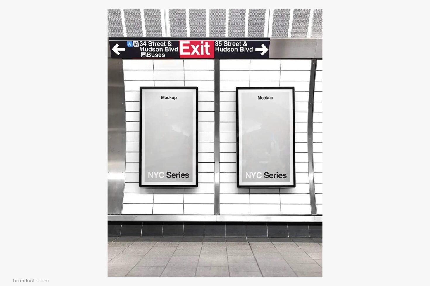 Subway station poster mockup with two vertical frames below NYC exit sign