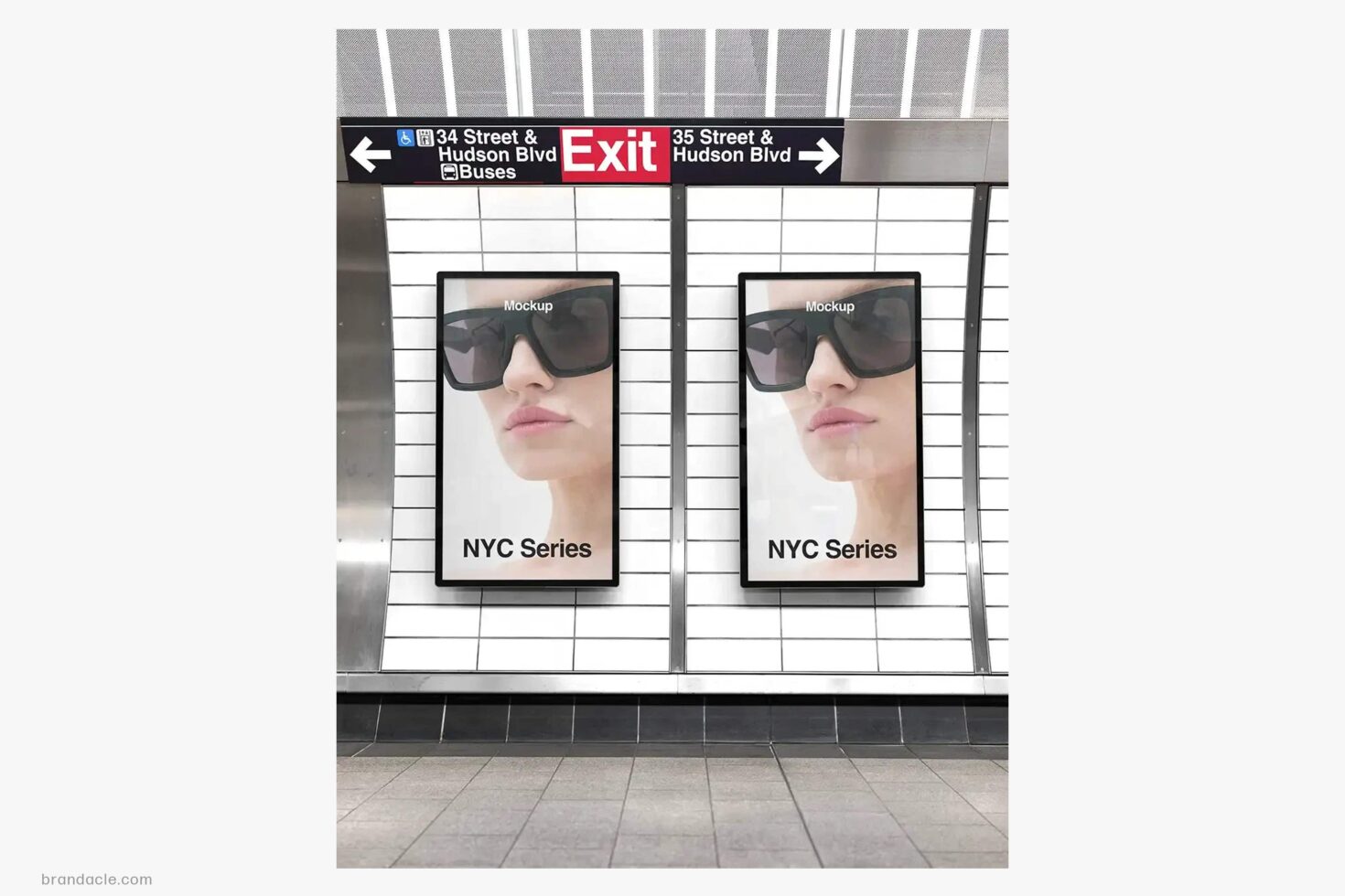 Dual vertical poster mockups on NYC subway station wall with exit sign overhead