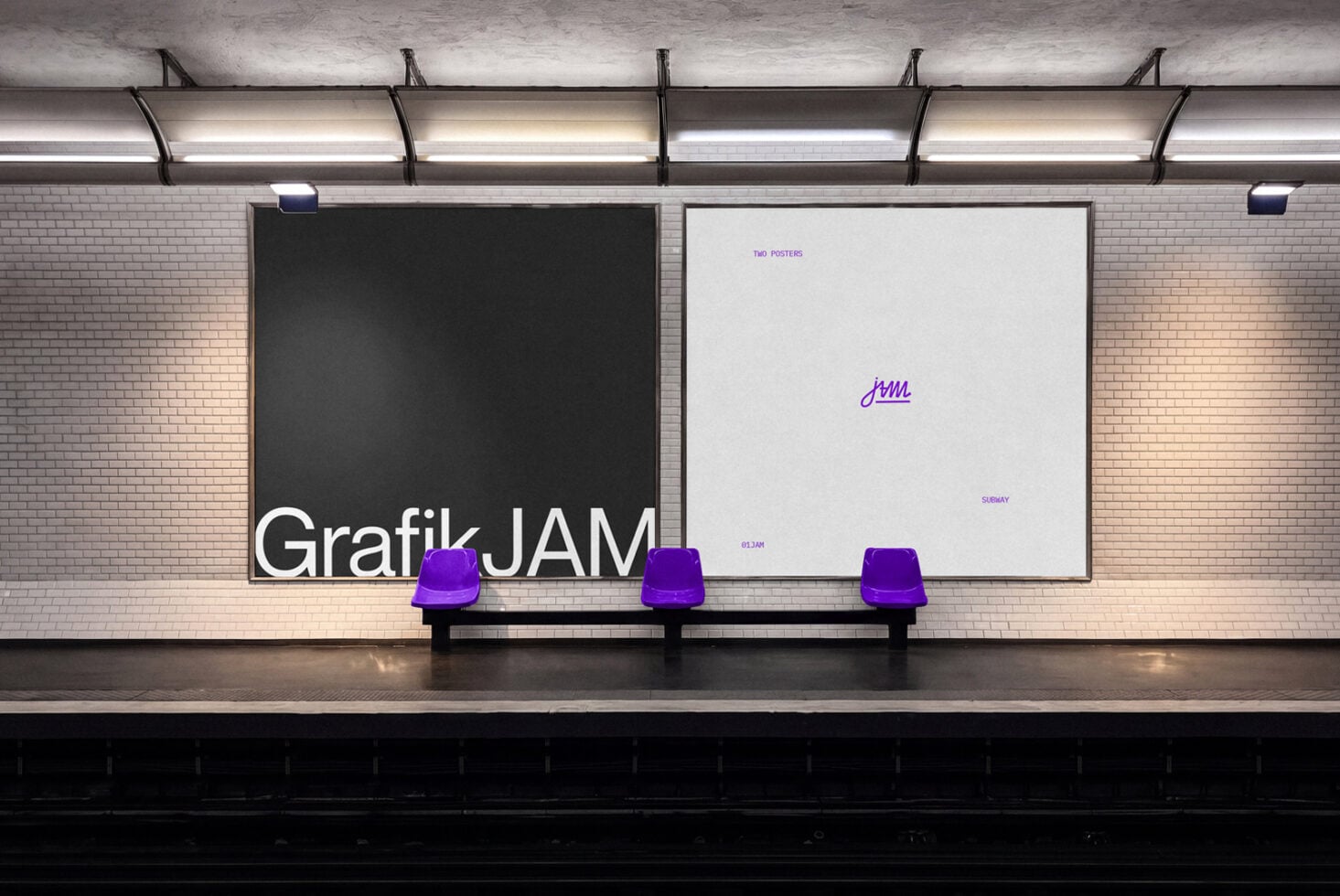 Subway station mockup with two poster frames, bright purple chairs, industrial brick walls lit by overhead rails