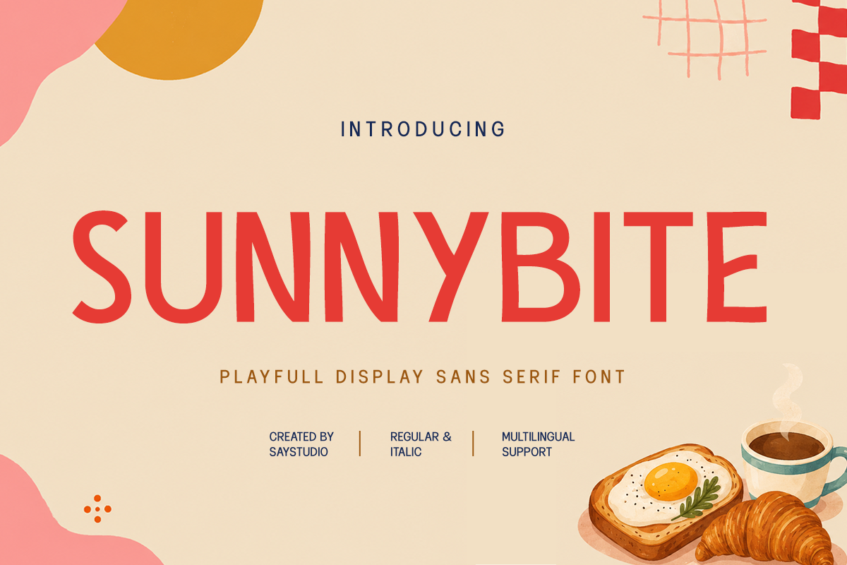 Sunnybite bold display font with warm retro design elements plus breakfast illustrations