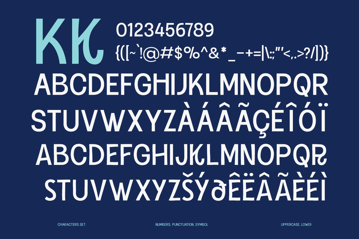 Modern sans serif font showing uppercase, lowercase, numbers, punctuation, symbols on deep blue background