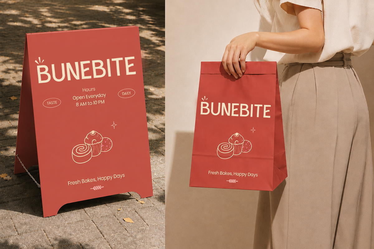 Bunebite bakery branding mockup with coral sandwich board sign plus paper bag in outdoor setting