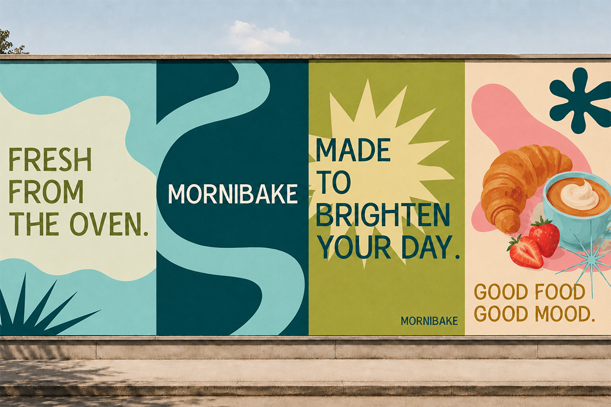 Colorful bakery billboard with retro shapes, croissant, coffee cup showing morning taglines for Mornibake brand
