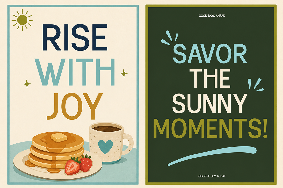 Two motivational posters side by side, one with pancakes over cream background, one dark green with sunny vibes text