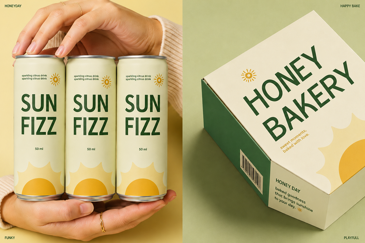 Hand holding three Sun Fizz beverage cans with matching box packaging in cream, green, yellow tones