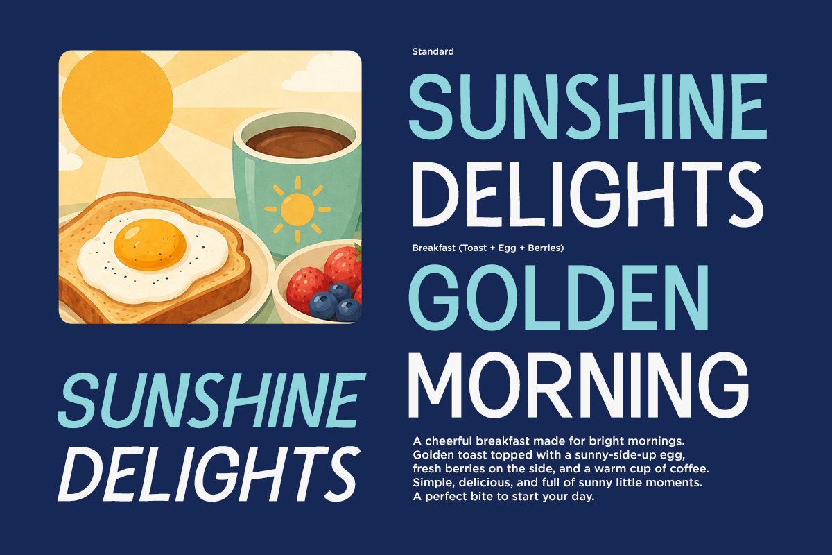 Cheerful breakfast illustration with fried egg toast, coffee cup, berries, big sun, warm yellow tones