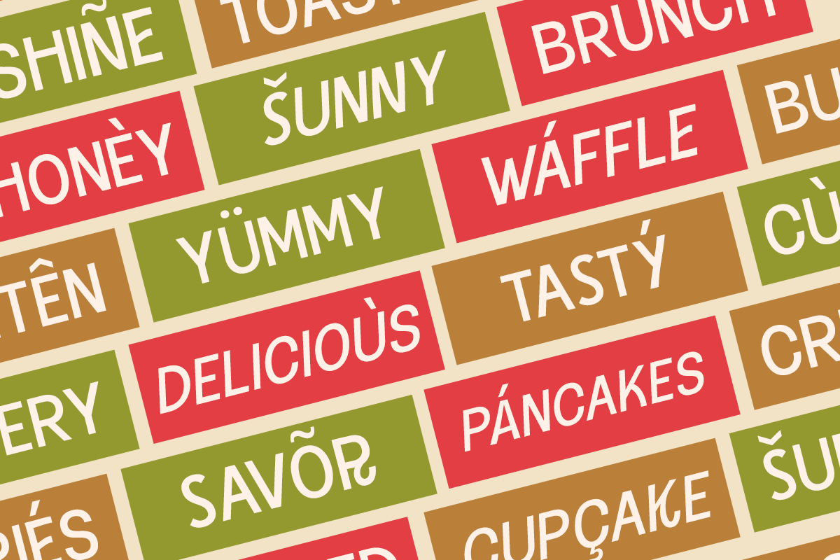 Colorful food label pattern with red, green, brown tiles featuring breakfast words like pancakes, waffles, honey