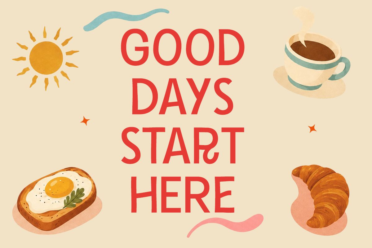 Cheerful breakfast illustration with sun, coffee cup, egg toast, croissant, wavy lines on cream background