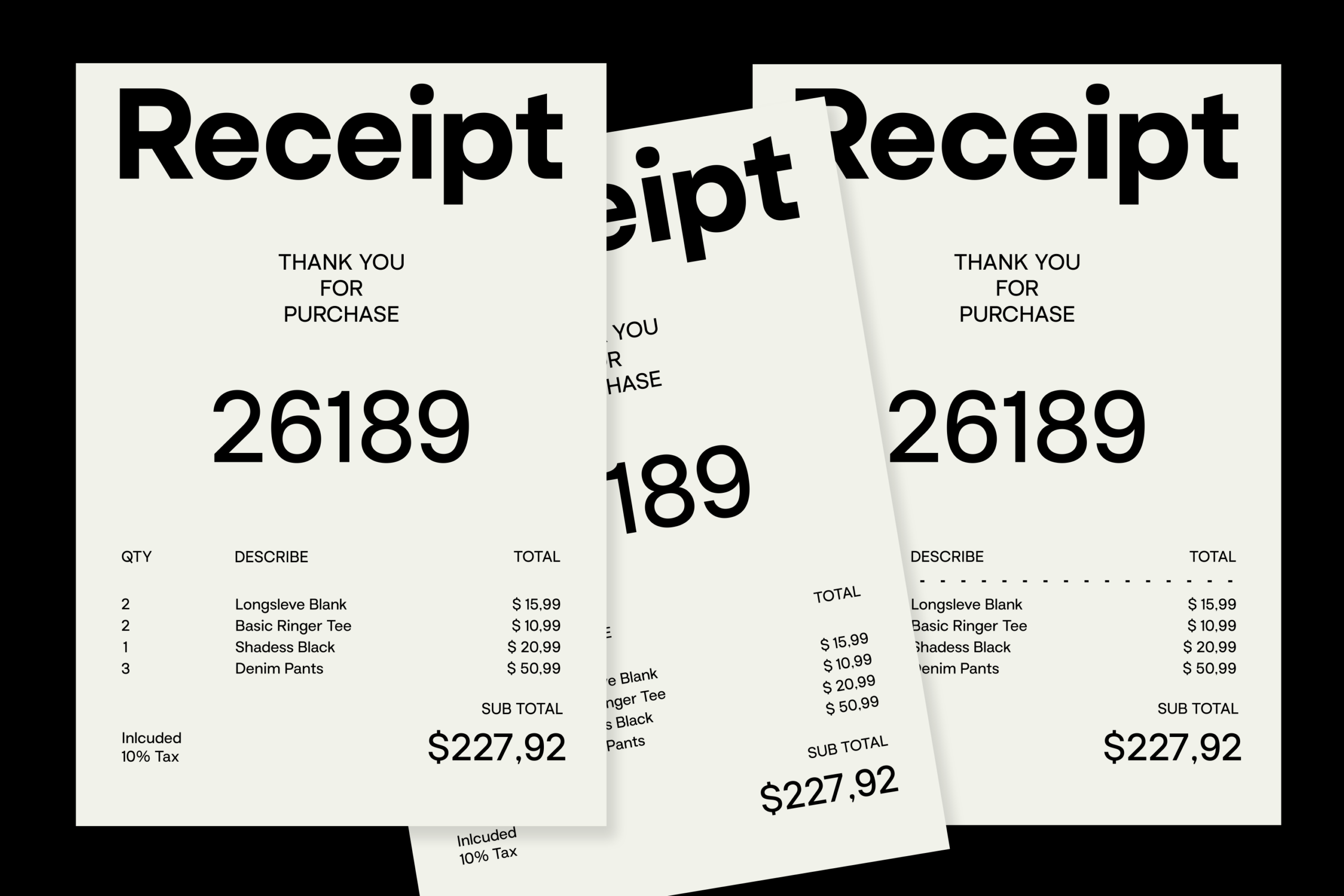 Overlapping receipt mockups showing itemized purchase details with thank you message