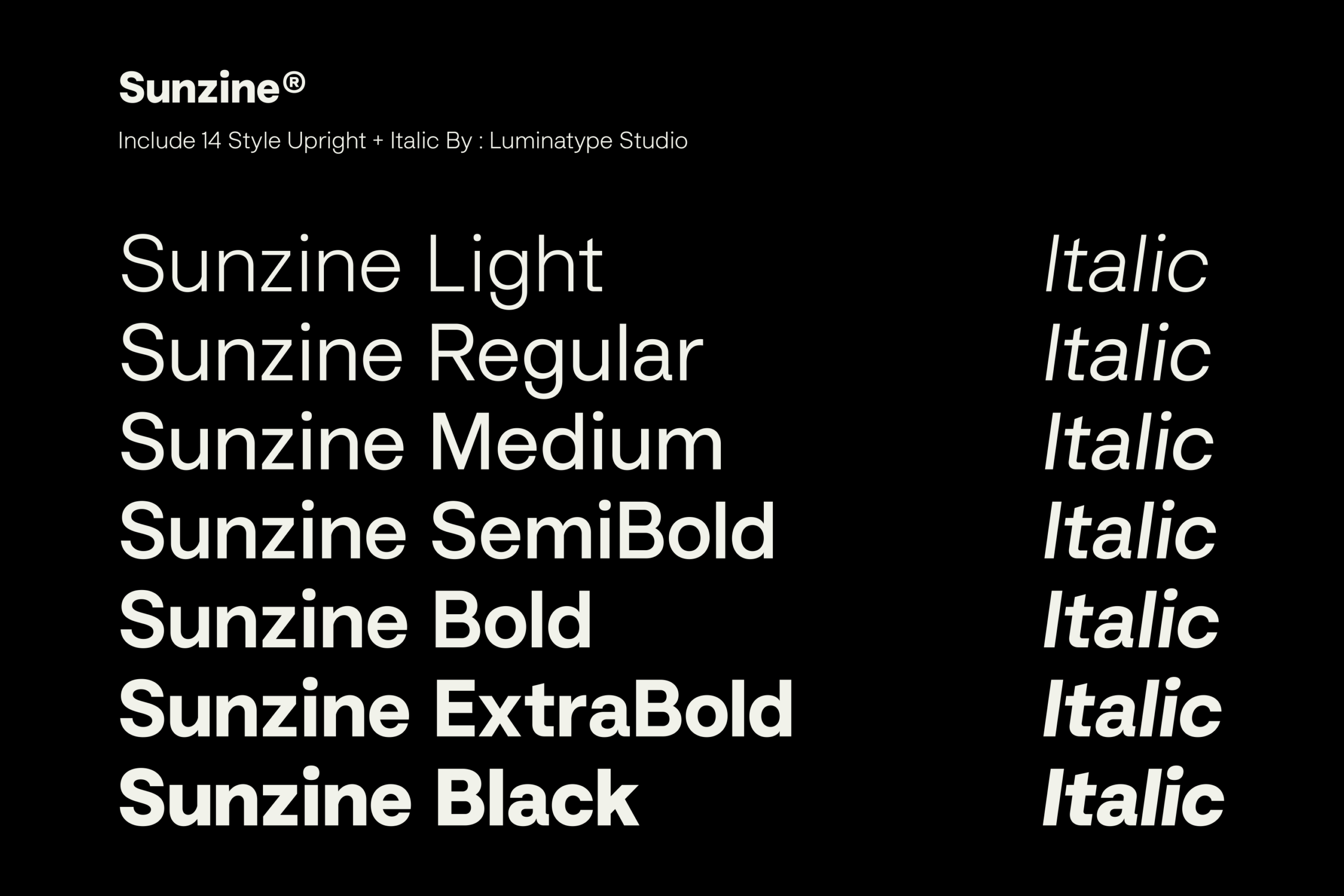 Sunzine typeface showing 7 weights from light to black with matching italic styles