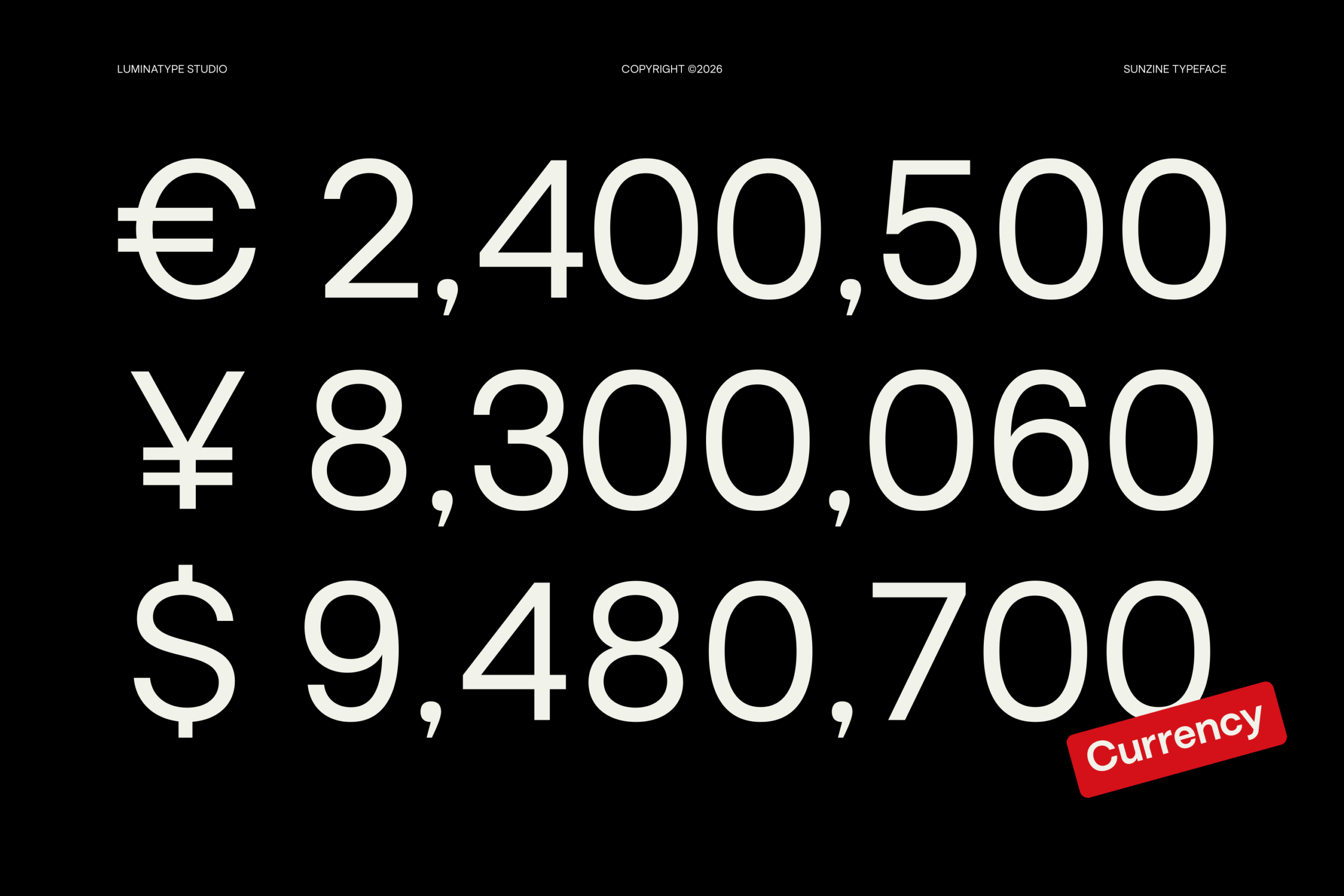Currency converter mockup showing euro, yen, dollar amounts in clean sans serif font