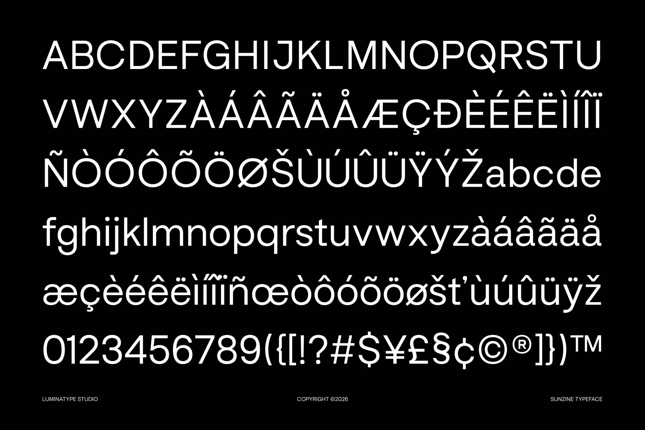 Modern sans serif typeface displaying full character set with accents, numbers, symbols on black background