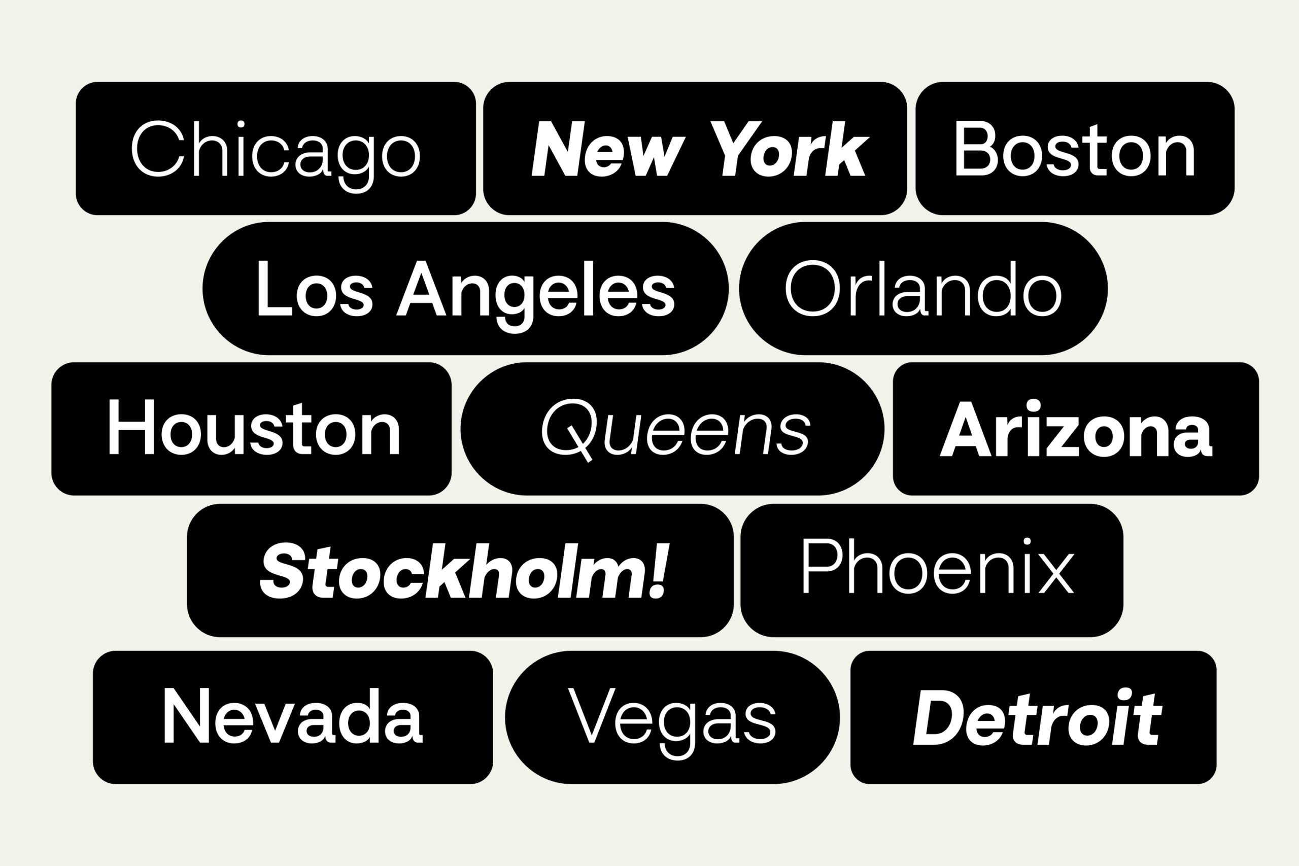 Black rounded pill buttons with US city names scattered on cream background