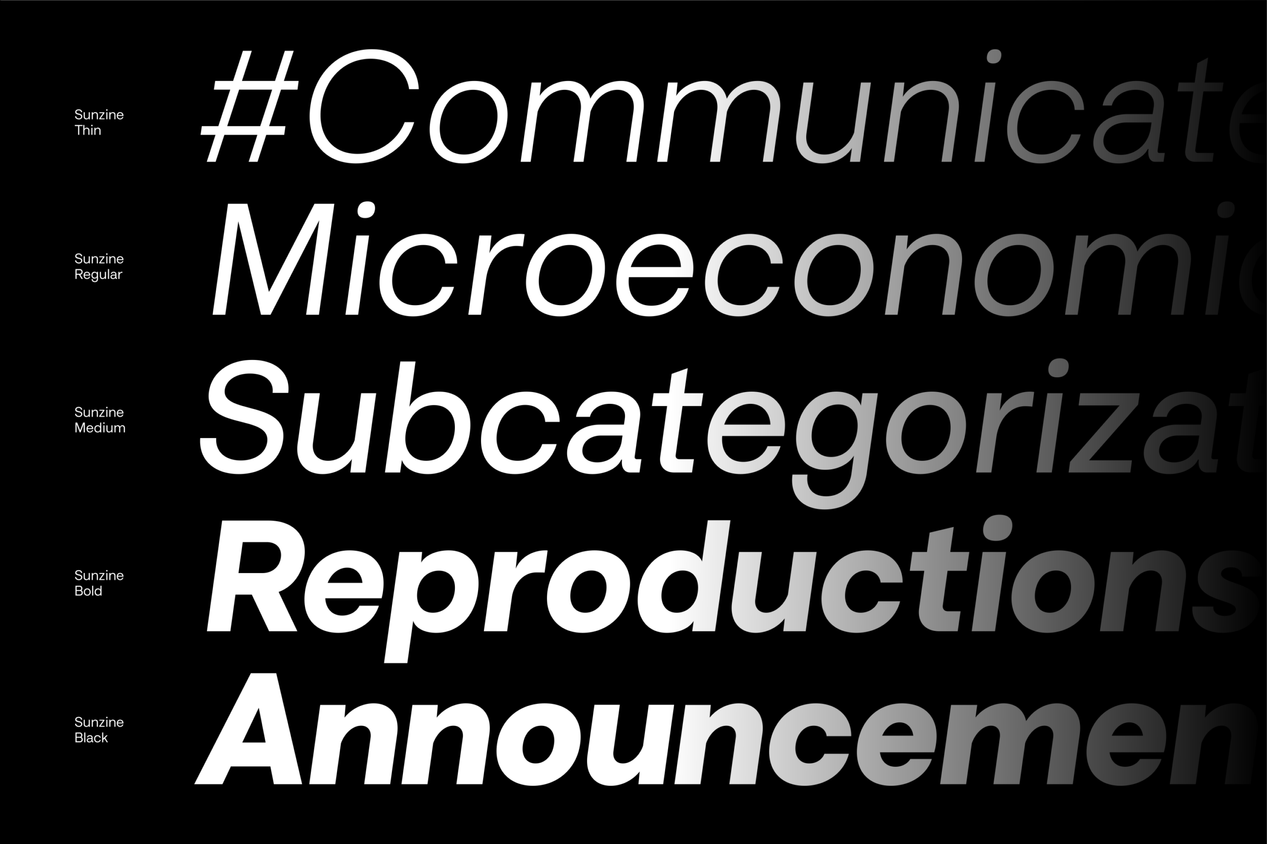 Sunzine font family showing five weights from thin to black on dark background