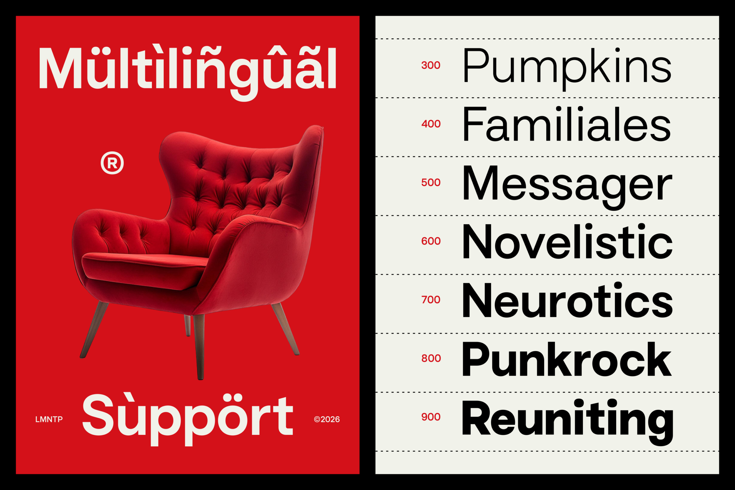 Red wingback chair on bold background next to multilingual font weight specimen sheet