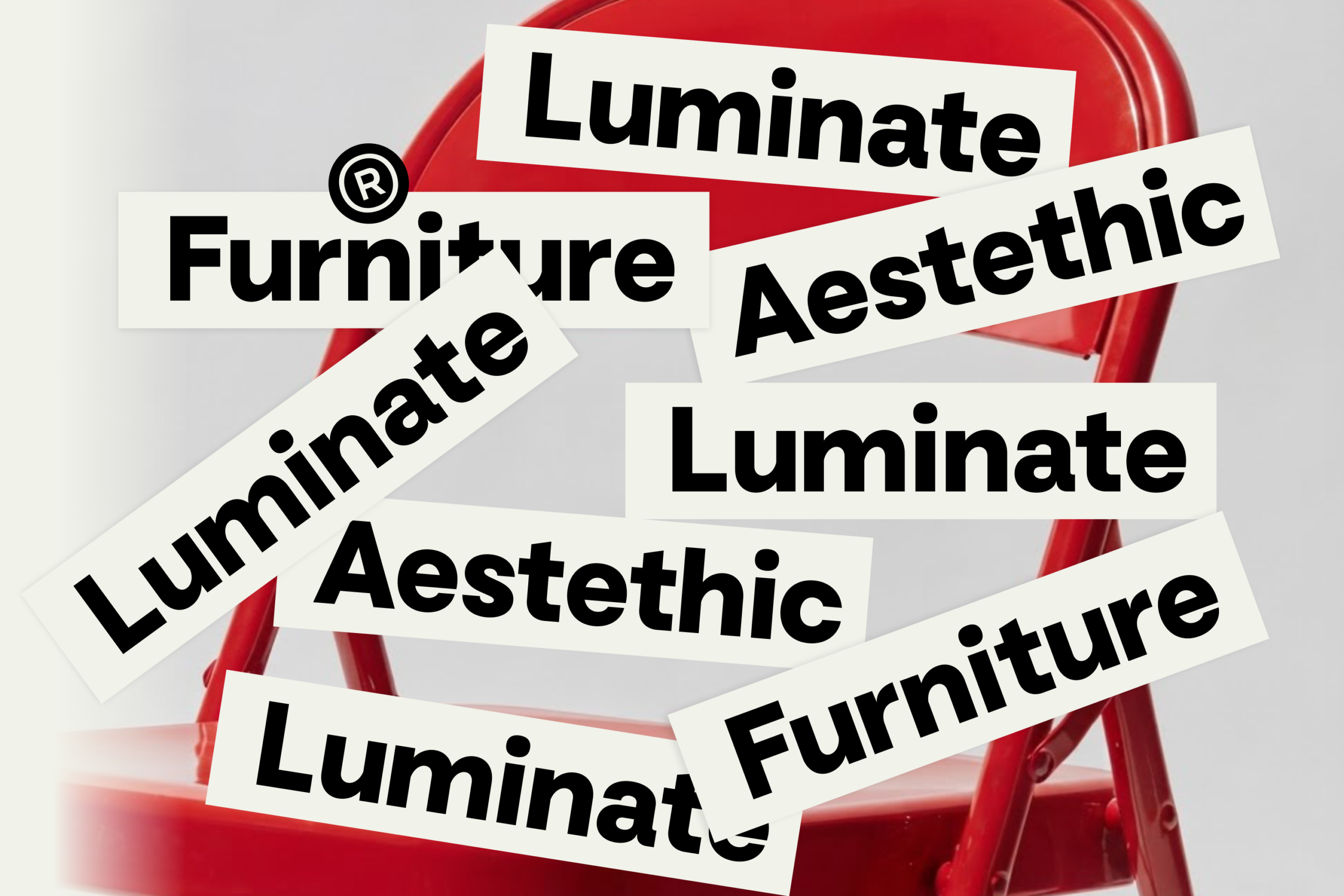 Bright red chair mockup with overlapping cream labels showing bold black typography in trendy design layout