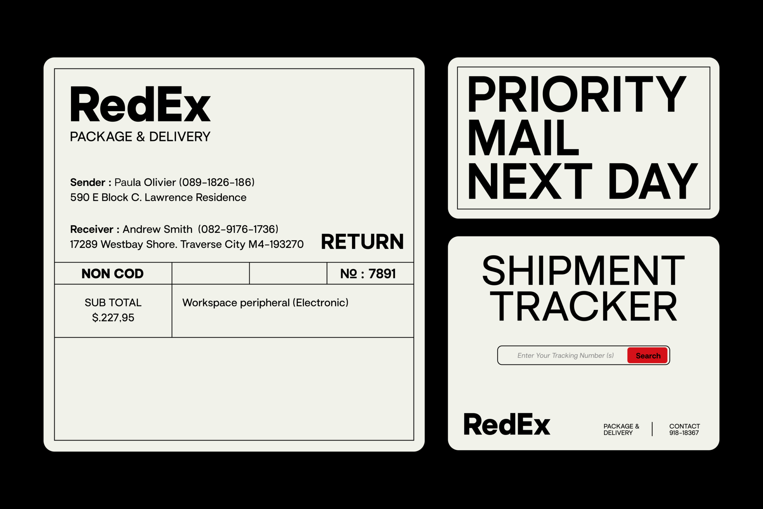 Shipping label mockup with delivery receipt, priority mail sticker, tracker interface