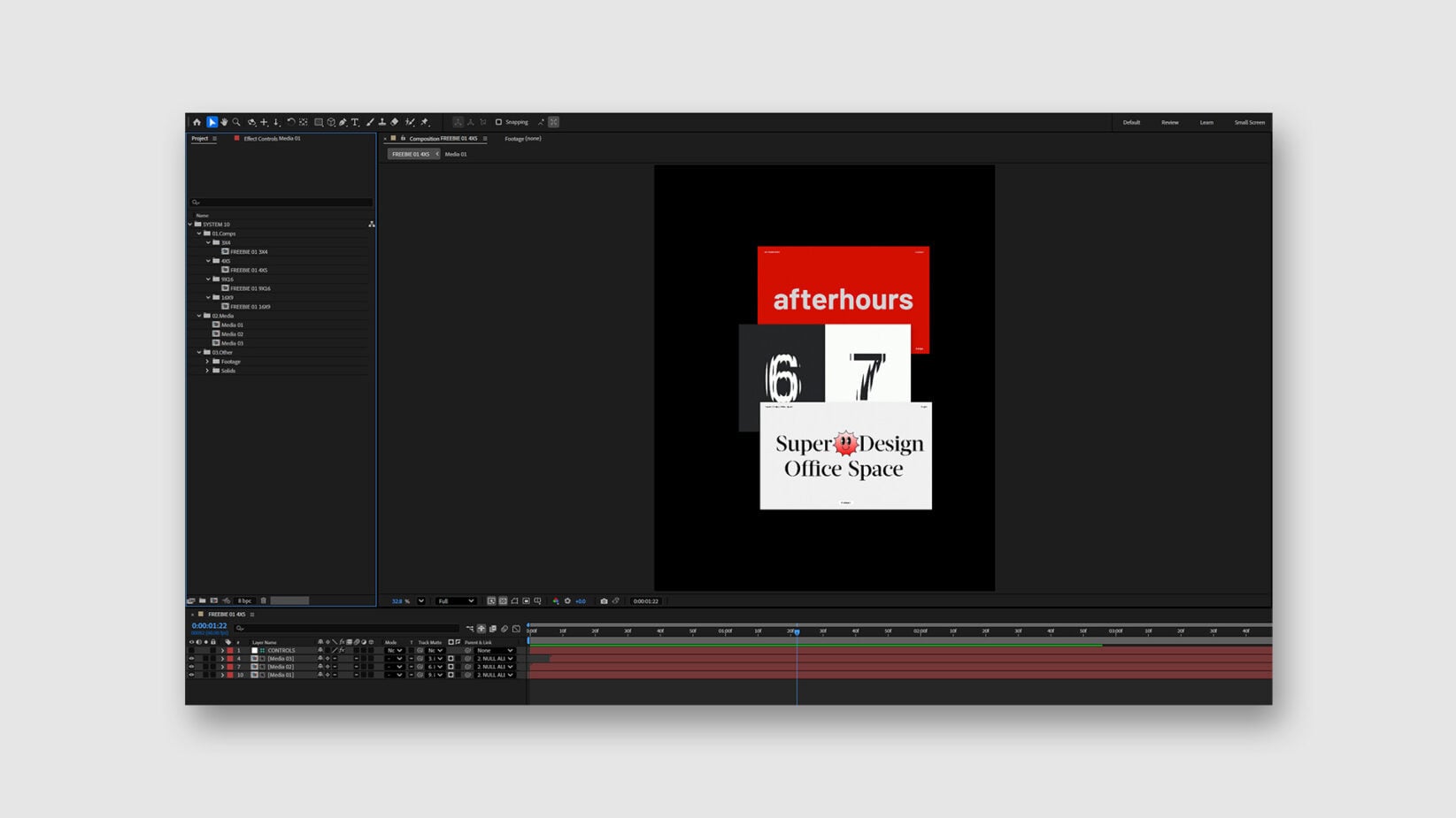 Afterhours promo mockup open in After Effects with red banner, numbers, logo stacked on black